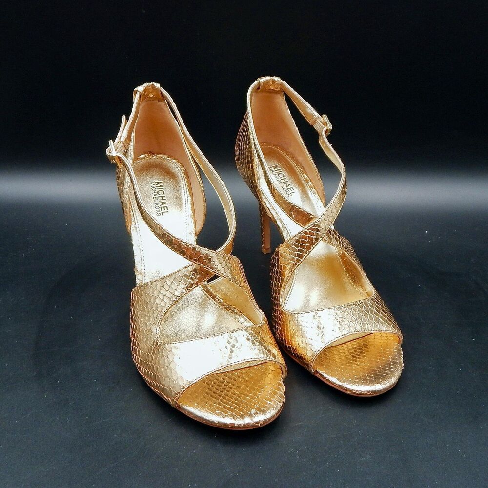 MIchael Kors Estee Gold Sandal Womens Size 7.5 Strappy Leather Heels Shoe Snake